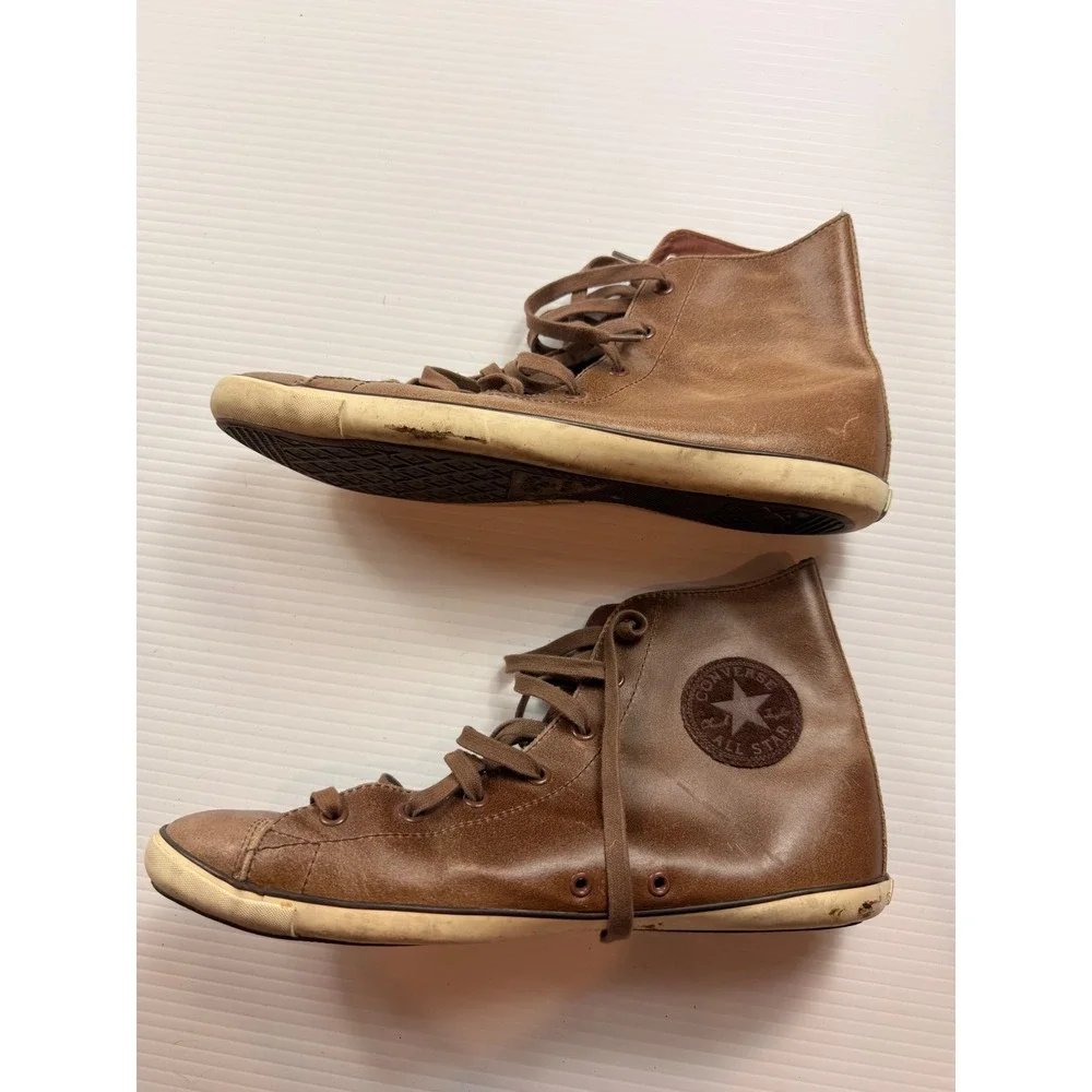 Converse All Star Brown Leather High Top Slim Sole Sneakers Mens 9.5 Boots - Picture 6 of 7
